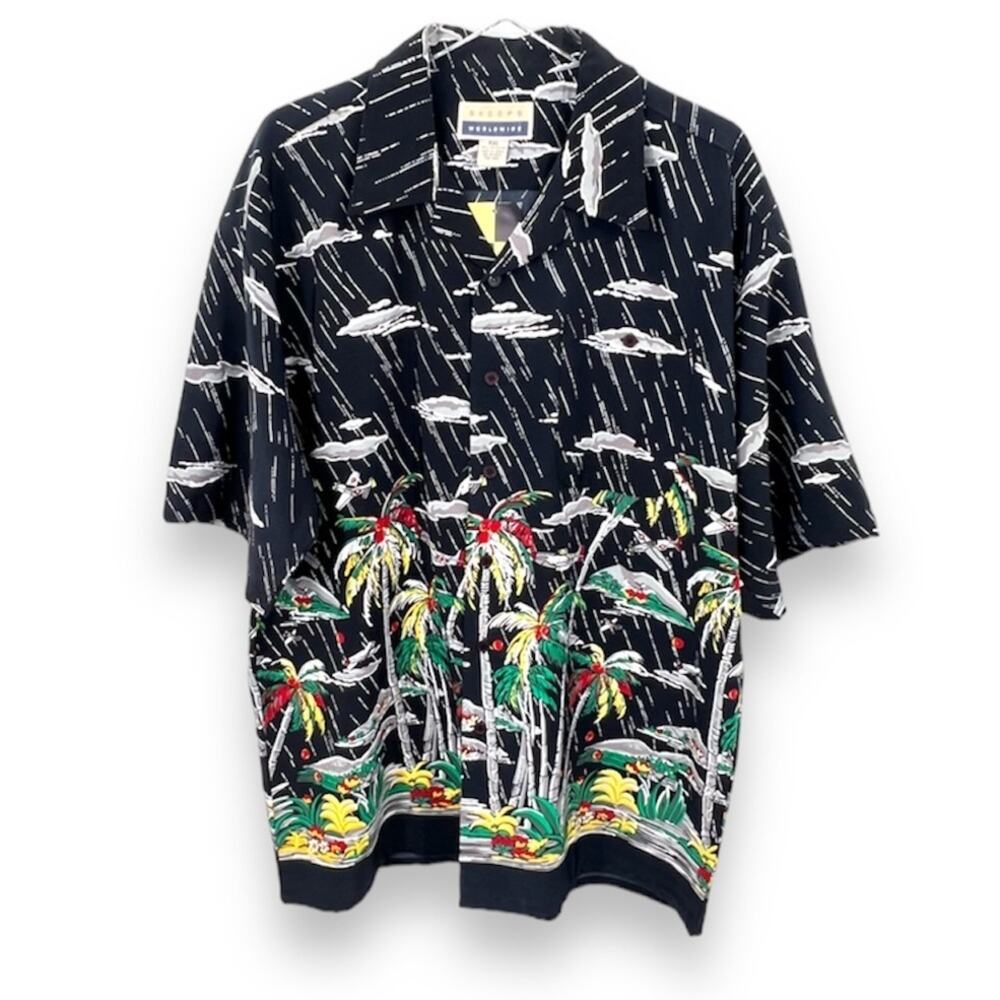 Skoops tropical Hawaiian palm tree fighter planes button down  shirt XXL NEW
